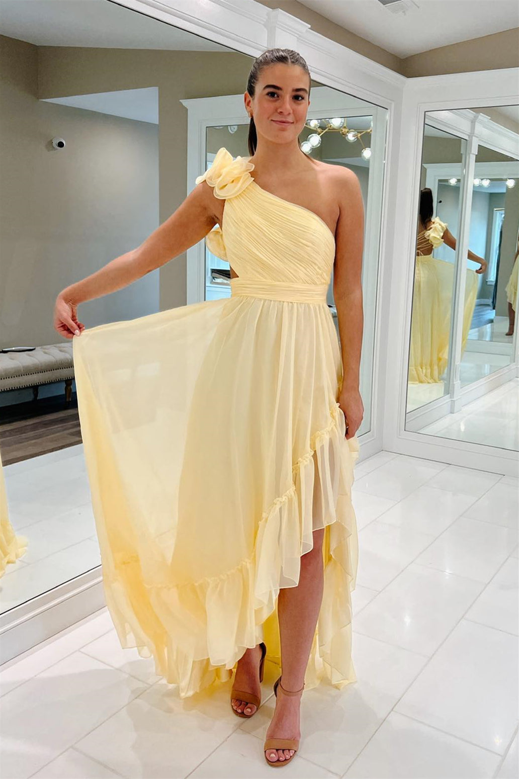 Light Yellow A-line One Shoulder Lace-Up Pleated Ruffle High-Low Prom Dress