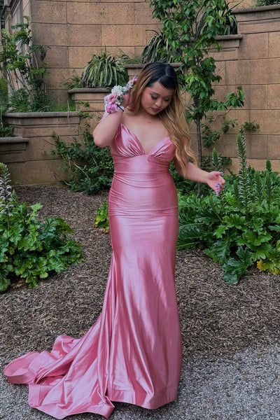 Elegant Pink Mermaid V-Neck Elastic Satin Long Prom Dress