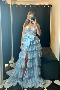 Cute A Line Sweetheart Light Blue Tulle Long Prom Gown