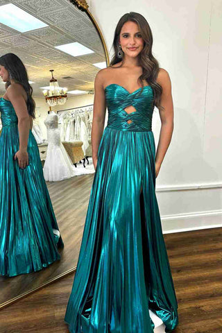 Charming A Line Jade Sweetheart Pleated Metallic Satin Prom Dresses