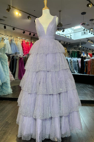 Cute A Line Lavender Sparkly Tulle Tiered Long Prom Dresses