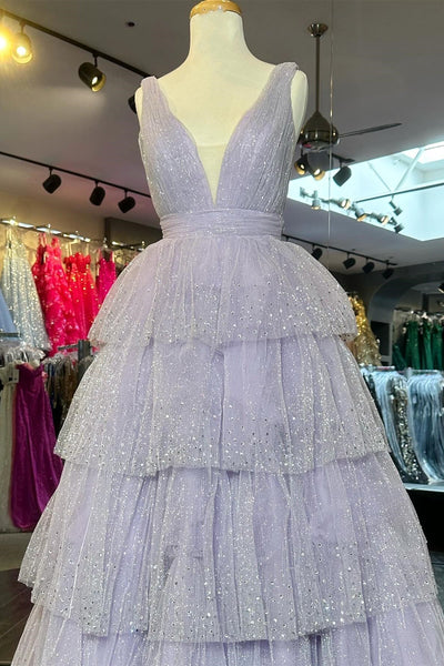 Cute A Line Lavender Sparkly Tulle Tiered Long Prom Dresses