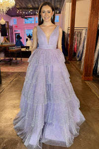 Cute A Line Lavender Sparkly Tulle Tiered Long Prom Dresses