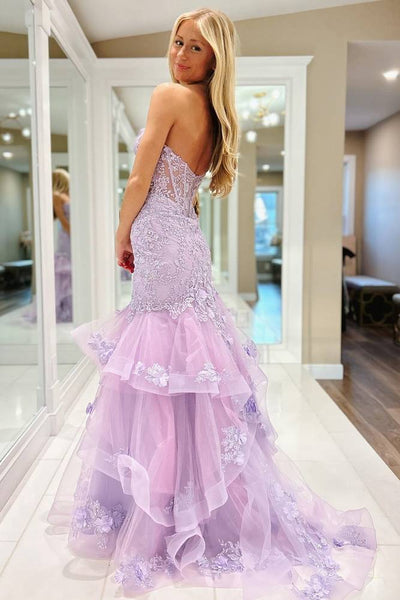 Gorgeous Mermaid Lavender Lace Applique Prom Dresses