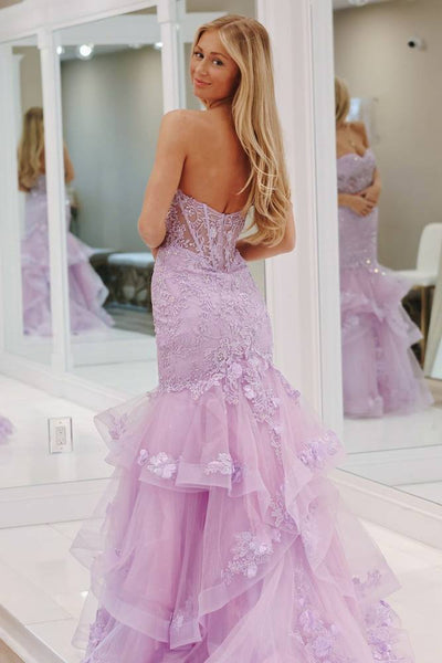 Gorgeous Mermaid Lavender Lace Applique Prom Dresses