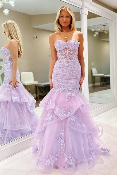 Gorgeous Mermaid Lavender Lace Applique Prom Dresses