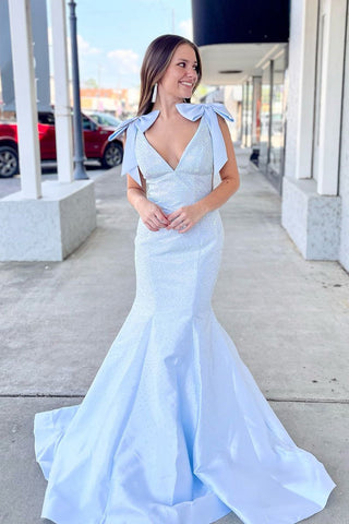 Charming Mermaid V Neck Light Blue Beading Satin Long Prom Dress with Bow