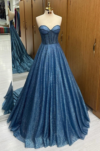 Sparkly Ball Gown Sweehteart Navy Blue Glitter Tulle Long Prom Dress