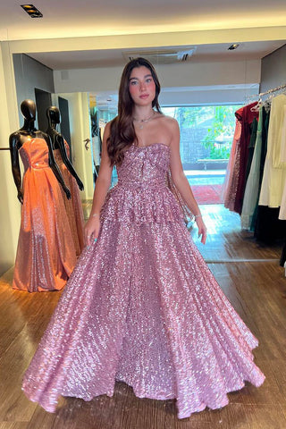 Sparkly Ball Gown Blush Pink Sequins Prom Dresses