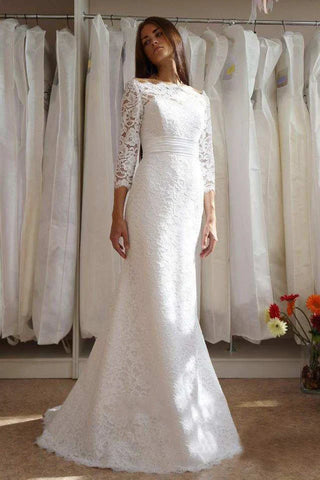 Mermaid Boat Neck Long Sleeve Lace Wedding Dresses