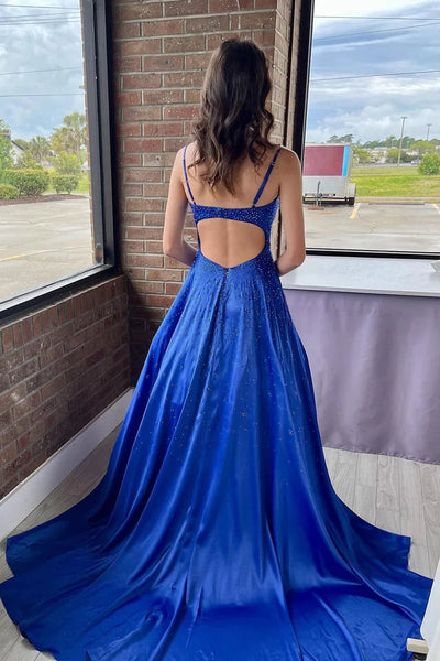 Sweet A Line V Neck Royal Blue Satin Long Prom Dresses with Beading