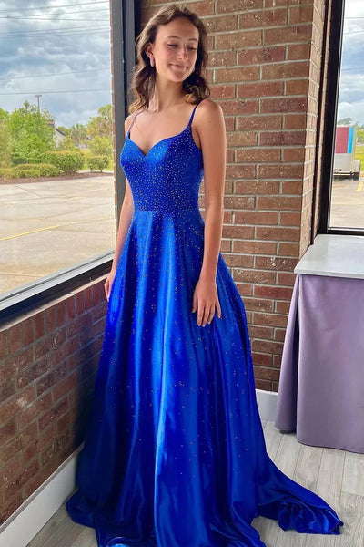 Sweet A Line V Neck Royal Blue Satin Long Prom Dresses with Beading