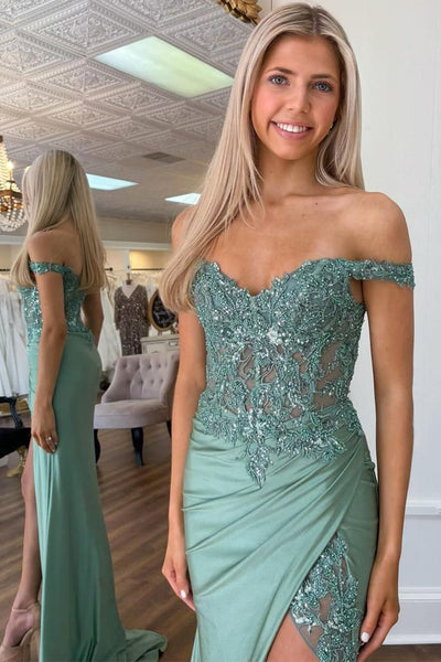 Charming Mermaid Green Off the Shoulder Satin Prom Dress With Slit