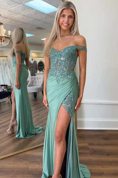 Charming Mermaid Green Off the Shoulder Satin Prom Dress With Slit