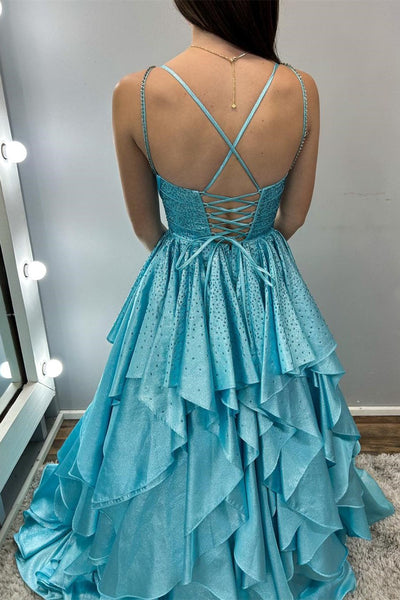 Cute Ball Gown V Neck Organza Ruffle Long Prom Dresses