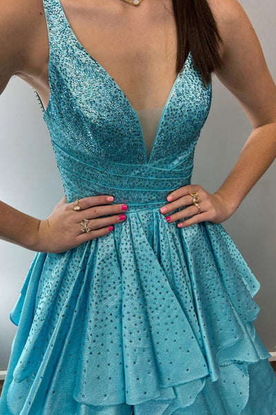 Cute Ball Gown V Neck Organza Ruffle Long Prom Dresses