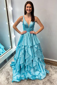 Cute Ball Gown V Neck Organza Ruffle Long Prom Dresses