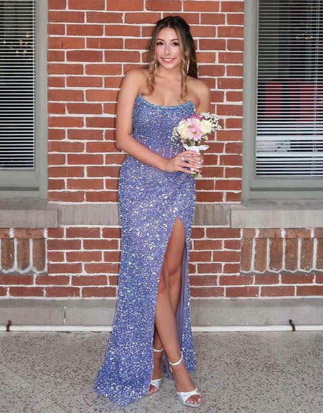 Charming Mermaid Scoop Neck Gold Sequins Slit Prom Dress With Beading