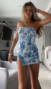 Cute Bodycon Strapless Floral Print Homecoming Dress with Split