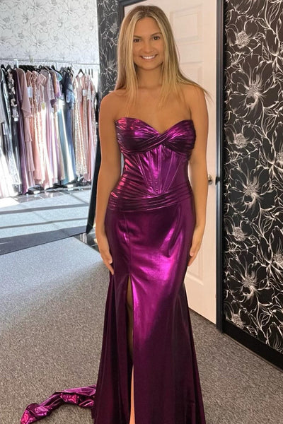 Cute Mermaid Purple Sweetheart Purple Slit Long Formal Prom Dress