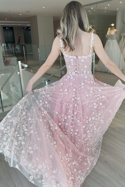 Cute A Line Sweetheart Pink Lace Tulle Long Prom Dresses