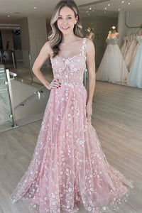 Cute A Line Sweetheart Pink Lace Tulle Long Prom Dresses