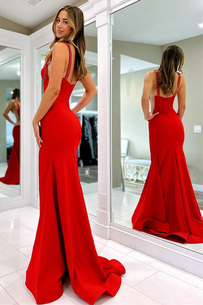 Charming Mermaid Red Satin Beaded Prom Dresses with Split