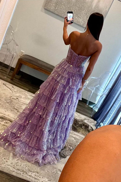 Cute A-Line Sweetheart Tiered Sequins Tulle Prom Dresses With Split
