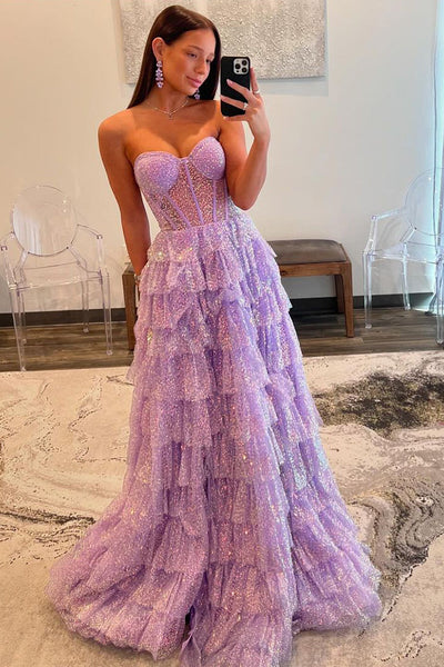 Cute A-Line Sweetheart Tiered Sequins Tulle Prom Dresses With Split