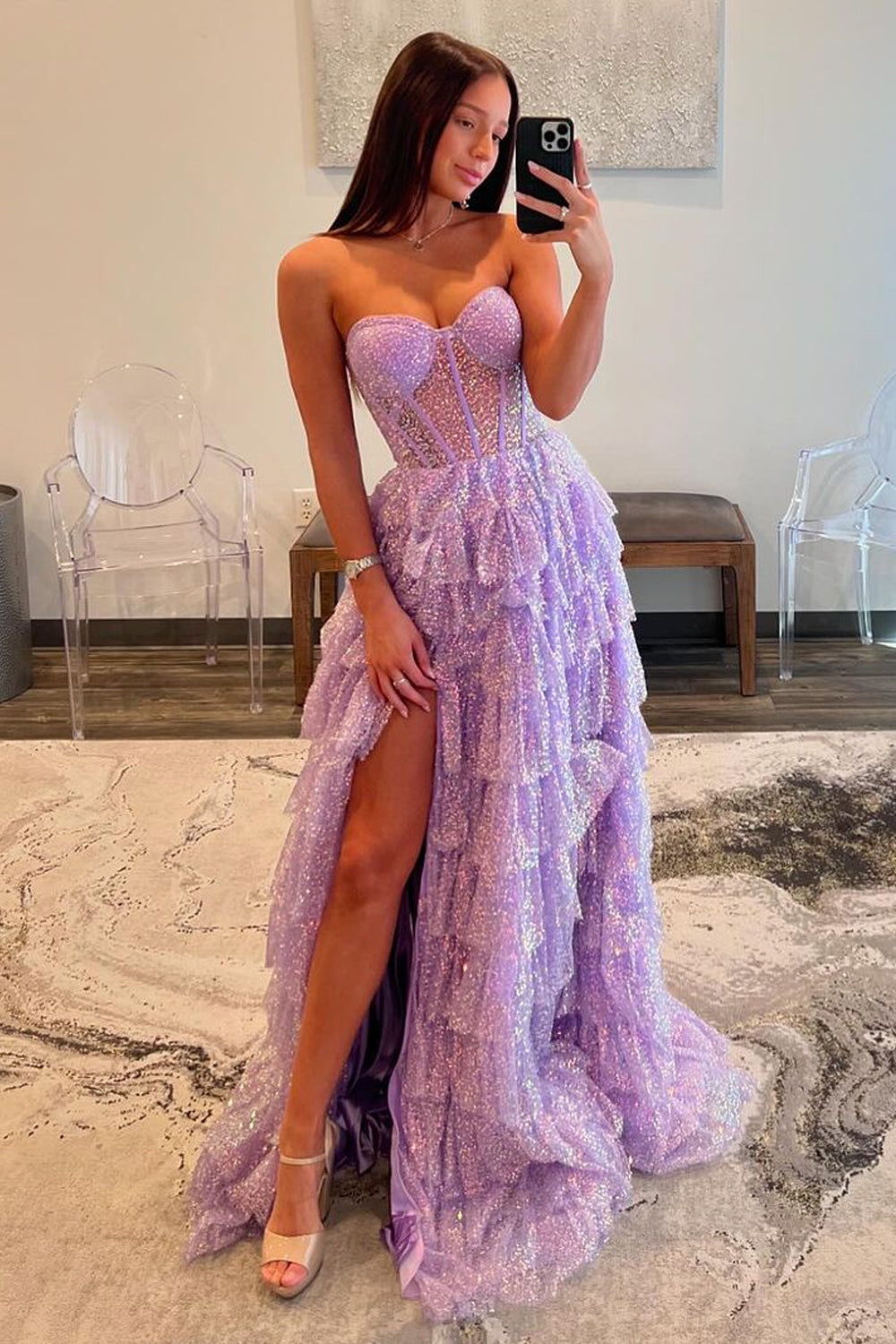 Cute A-Line Sweetheart Tiered Sequins Tulle Prom Dresses With Split
