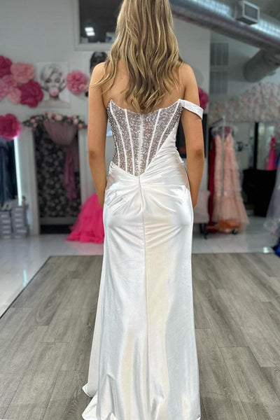 Gorgeous Mermaid Strapless White Satin Long Prom Dresses with Beading