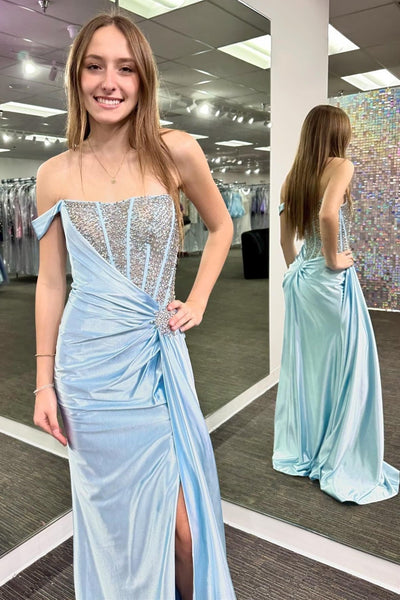 Gorgeous Mermaid Strapless White Satin Long Prom Dresses with Beading