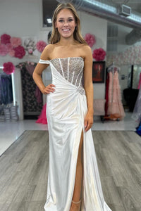 Gorgeous Mermaid Strapless White Satin Long Prom Dresses with Beading