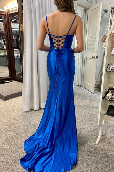 Cute Mermaid Royal Blue Scoop Neck Prom Dress with Slit