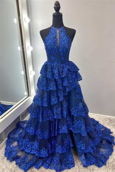 Cute A Line Halter Royal Blue Tiered Tulle Prom Dresses with Appliques