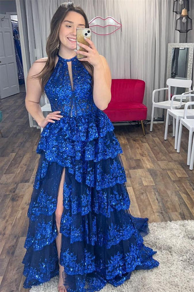 Cute A Line Halter Royal Blue Tiered Tulle Prom Dresses with Appliques