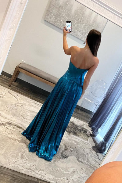 Cute A Line Turquoise Sweetheart Metallic Pleated Prom Dresses with Slit