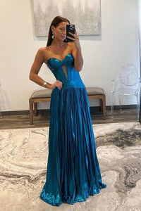 Cute A Line Turquoise Sweetheart Metallic Pleated Prom Dresses with Slit