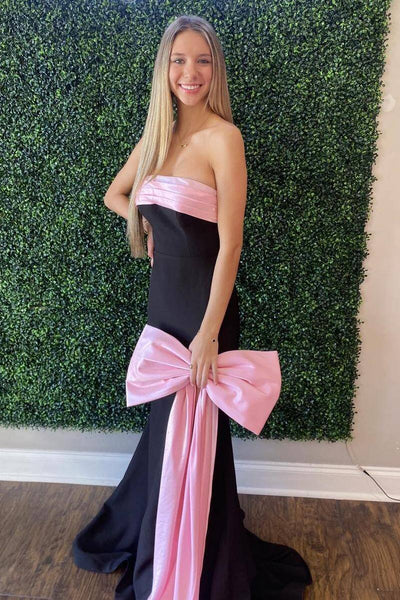 Cute Mermaid Strapless Black Prom Dress with Pink Bow