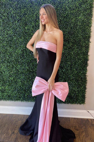 Cute Mermaid Strapless Black Prom Dress with Pink Bow