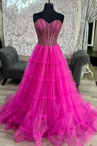 Cute A Line Sweetheart Fuchsia Beaded Tiered Tulle Prom Dresses