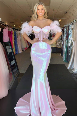 Sparkly Mermaid Sweetheart Pink Sequins Feathered Prom Dresses