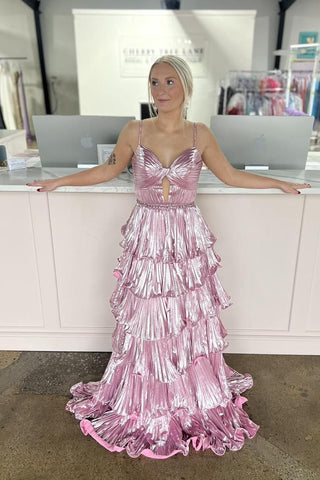 Fairy A Line Sweetheart Pink Tiered Sparkly Satin Prom Dresses