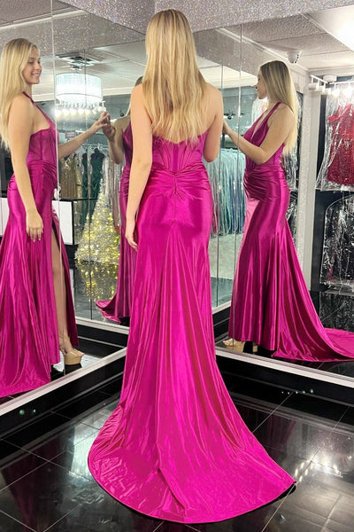 Charming Mermaid Magenta Halter Sheer Bodice Pleated Gown with Slit