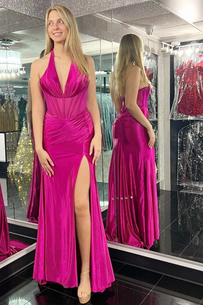 Charming Mermaid Magenta Halter Sheer Bodice Pleated Gown with Slit