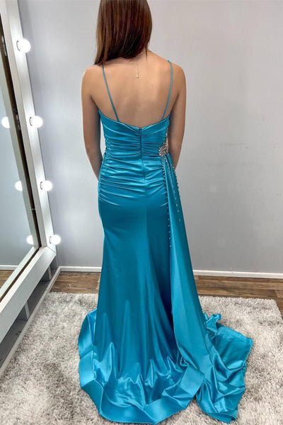 Cute Scoop Neck Teal Beaded Prom Dresses with Slit