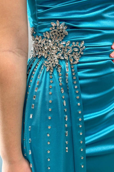 Cute Scoop Neck Teal Beaded Prom Dresses with Slit