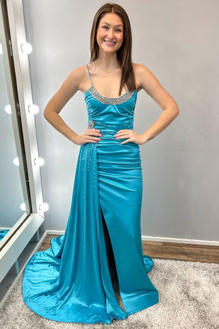 Cute Scoop Neck Teal Beaded Prom Dresses with Slit