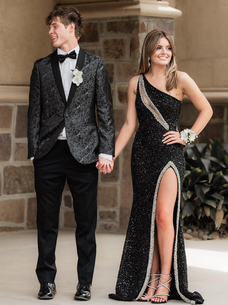 Chic Cute Mermaid One Sholder Black Sequins Prom Dresses with Beading