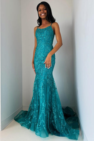 Chic Mermaid Scoop Neck Turquoise Lace Long Prom Dresses